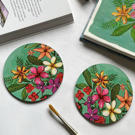 Turquoise Floral Round Coaster- set if 2